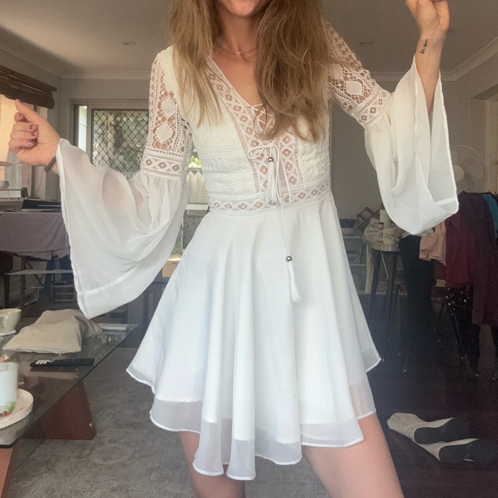 Two Sisters Australia White Lace Flare Dress with Bell Sleeves